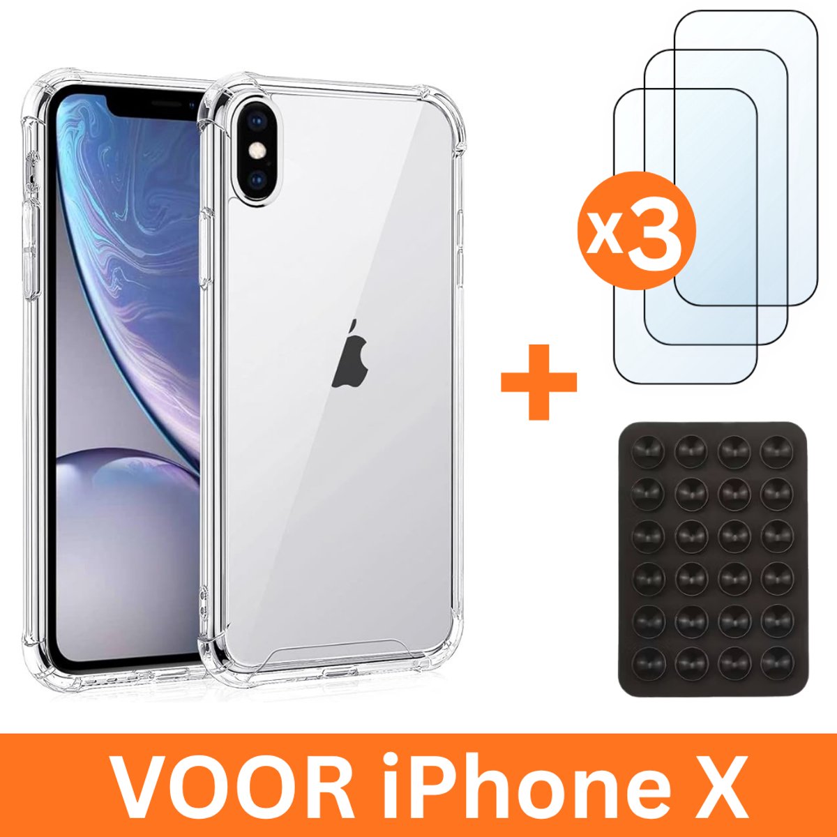 3-in-1 Voordeelpack: Transparant Siliconen Hoesje voor iPhone X + 2x Screenprotector + Plakbare Zuignap Houder