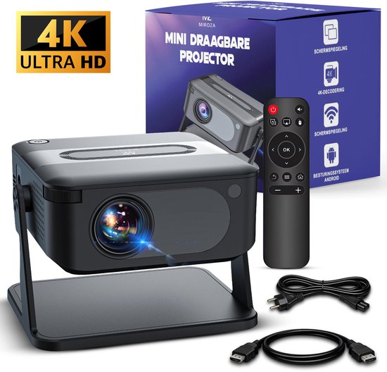 Miroza Mini Beamer 4K Ultra HD Draagbare Projector WiFi 6 Android 14 Bluetooth 5.2 Ingebouwde Speakers