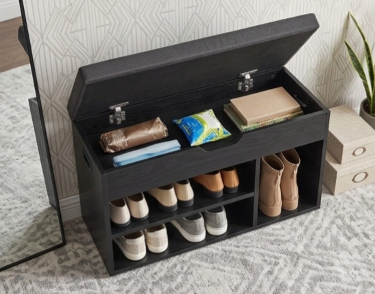 Schoenenbank 80x30x44 cm met Zitkussen en Opbergruimte – Compact Schoenenrek met Opbergvak – Halbank / Zitbank voor Entree en Woonkamer – Ebbenhoutzwart – Urbanhome