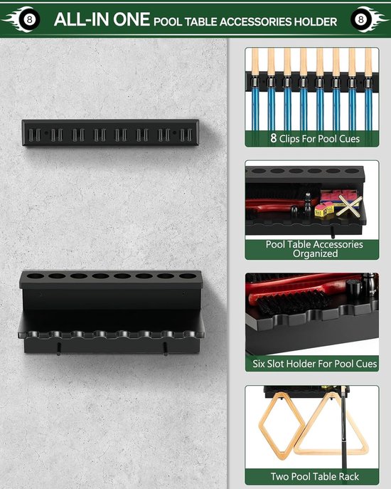 Pool Keu Rack - Biljart Keu Houder - Speelkamer Organiseren - Wandmontage Ontwerp - Voor 8 Keuen - Zwart — afbeelding 5