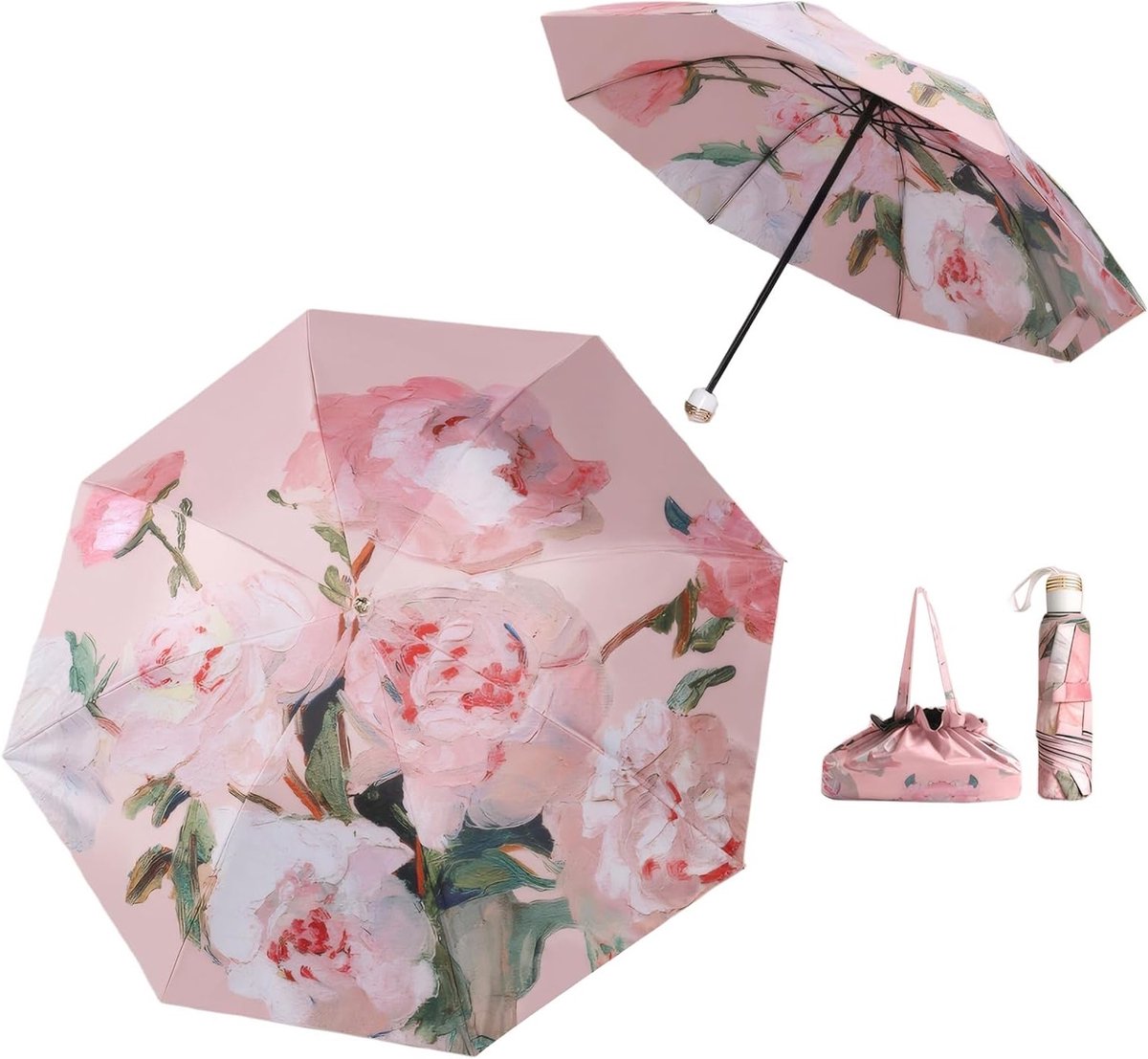 Handtas Paraplu met UPF50+ UV Bescherming, Lichtgewicht en Waterdicht, Retro Bloemenprint voor Vrouwen, Ideaal voor Zon en Wind