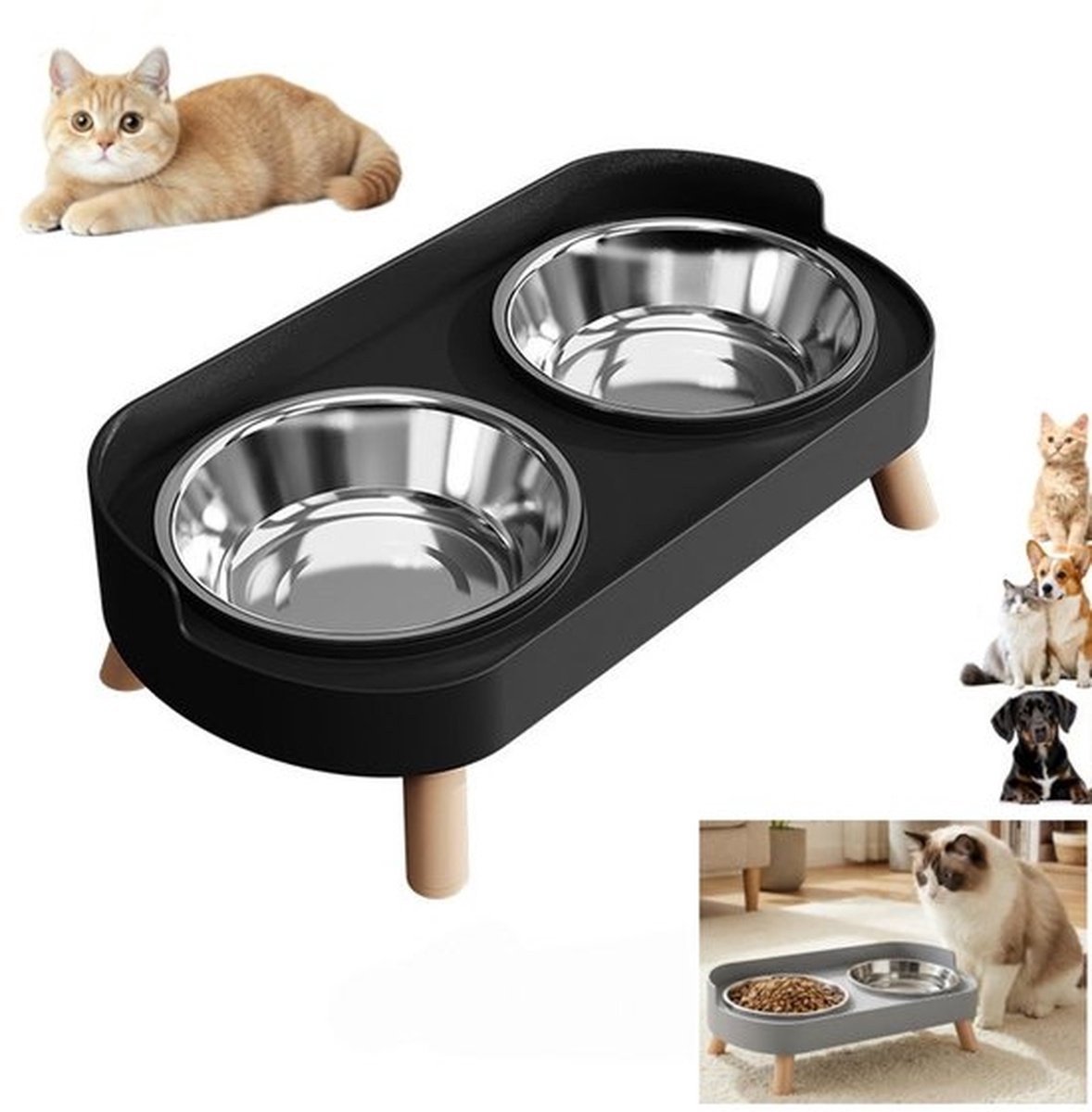 Roestvrijstalen Verhoogde Kattenvoerbak Set 800ml – Dubbele Voer- & Drinkbak – Antispat & Ergonomisch – Voor Kittens & Volwassen Katten – Zwart