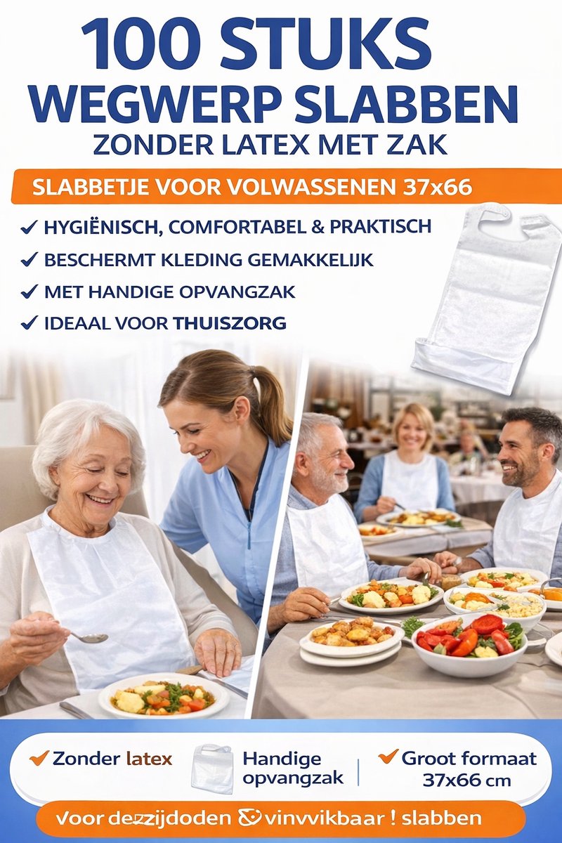 100 STUKS Wegwerp SLABBEN ZONDER LATEX MET ZAK slabbetje voor volwassenen 37x66 _Ideaal voor bejaardenhuizen, dagoppa's, dementie, slechte mobiliteit, gehandicapten ...