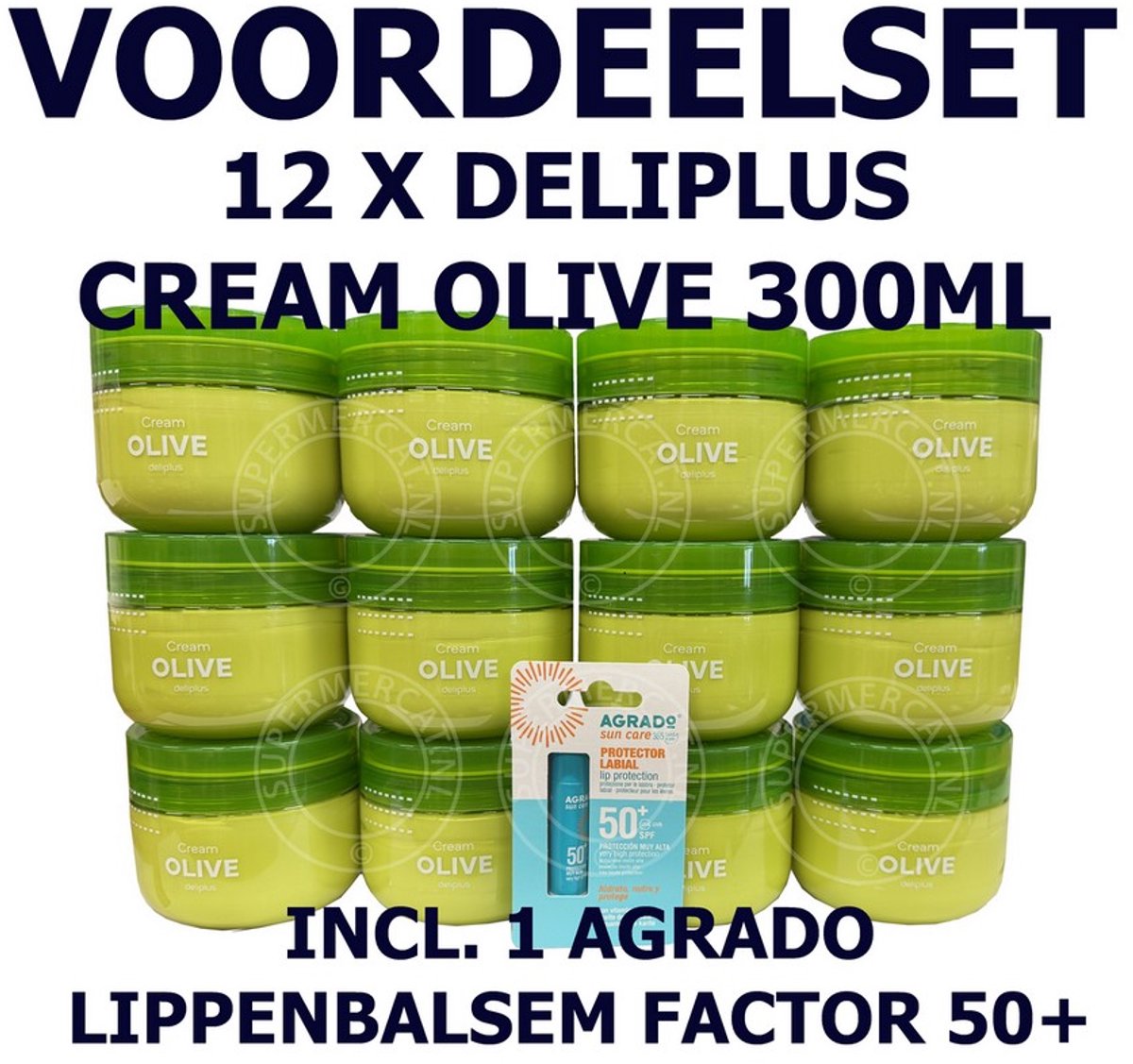 Voordeelset met 12 x Deliplus Crema Oliva 300ml en 1 x Agrado Lippenbalsem 4ml met SPF50+