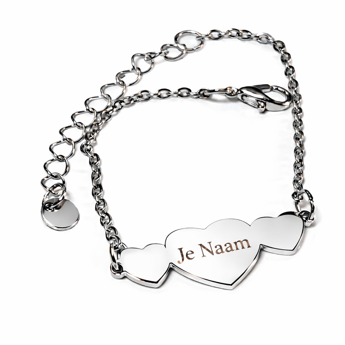 Armband met graveer, Armband met naam, Gepersonaliseerde armband met drie hartjes en naamgravure - zilverkleurig, Armband met naamplaatje ,graveerarmband