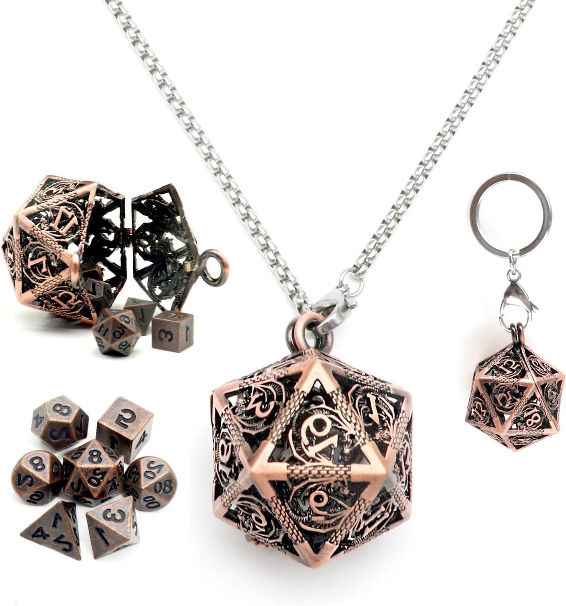 Metalen DND Dobbelstenen Set - Mini Dobbelstenen RPG - Rollenspel Onderweg - Holle D20 Ketting Kooi - 6 mm - Koper