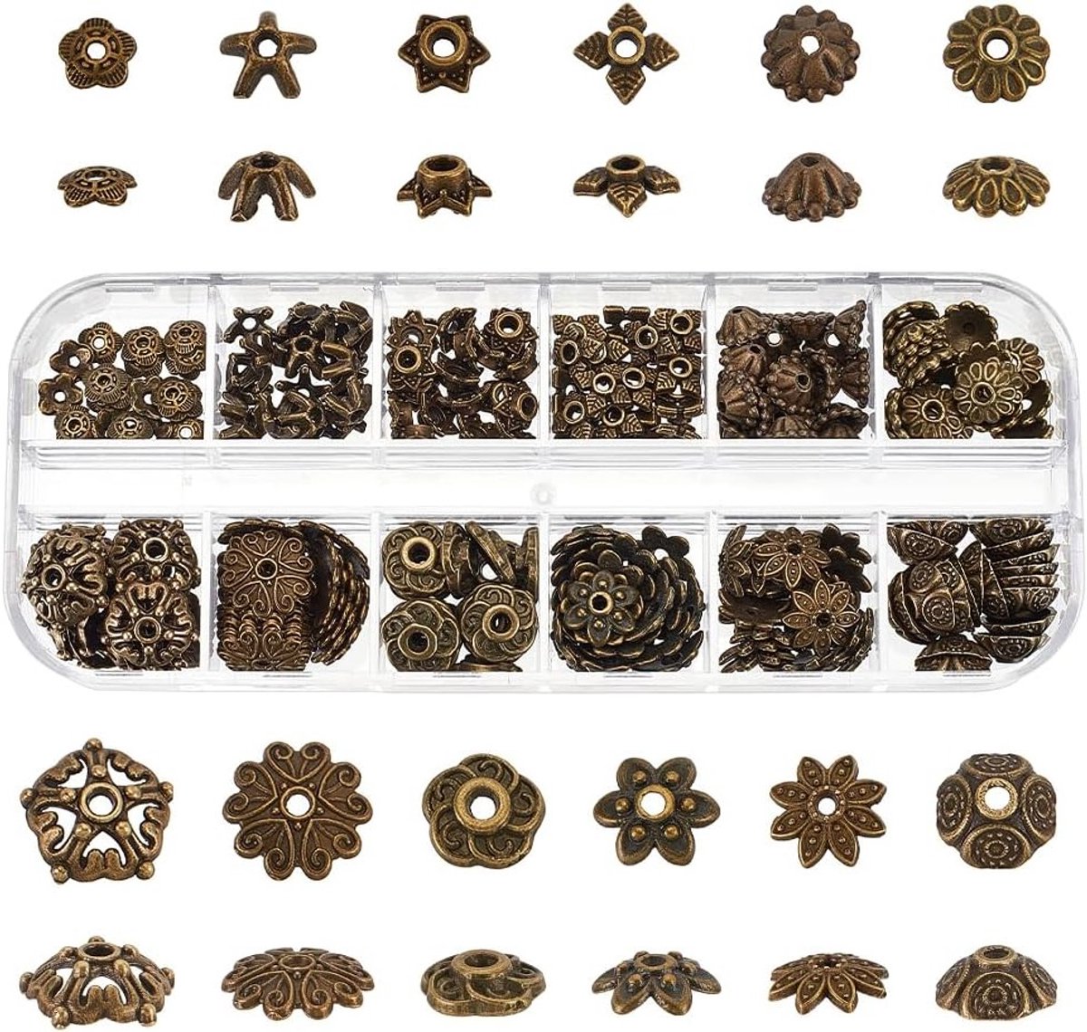 240 Stuks 12 Stijlen Bloem Kraal Caps, Antiek Bronzen Kralen, Ruime Kralen voor Oorbellen, Armbanden en Kettingen