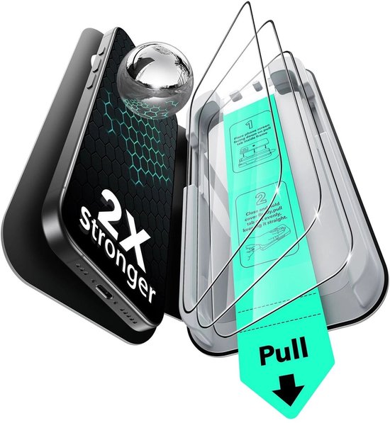 2X sterker, 2x schokabsorptie. Metalen bal op smartphone met screenprotector. Installatieframe met instructies.