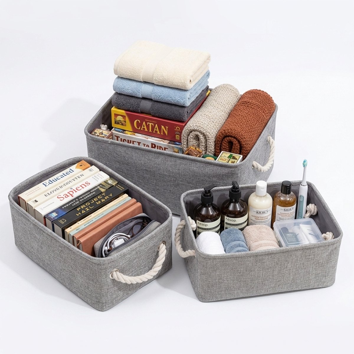 Hearyoo Opbergbox Set 3 Stuks - Met Handgrepen - Opvouwbaar - 36 x 26 x 16 cm - Grijs