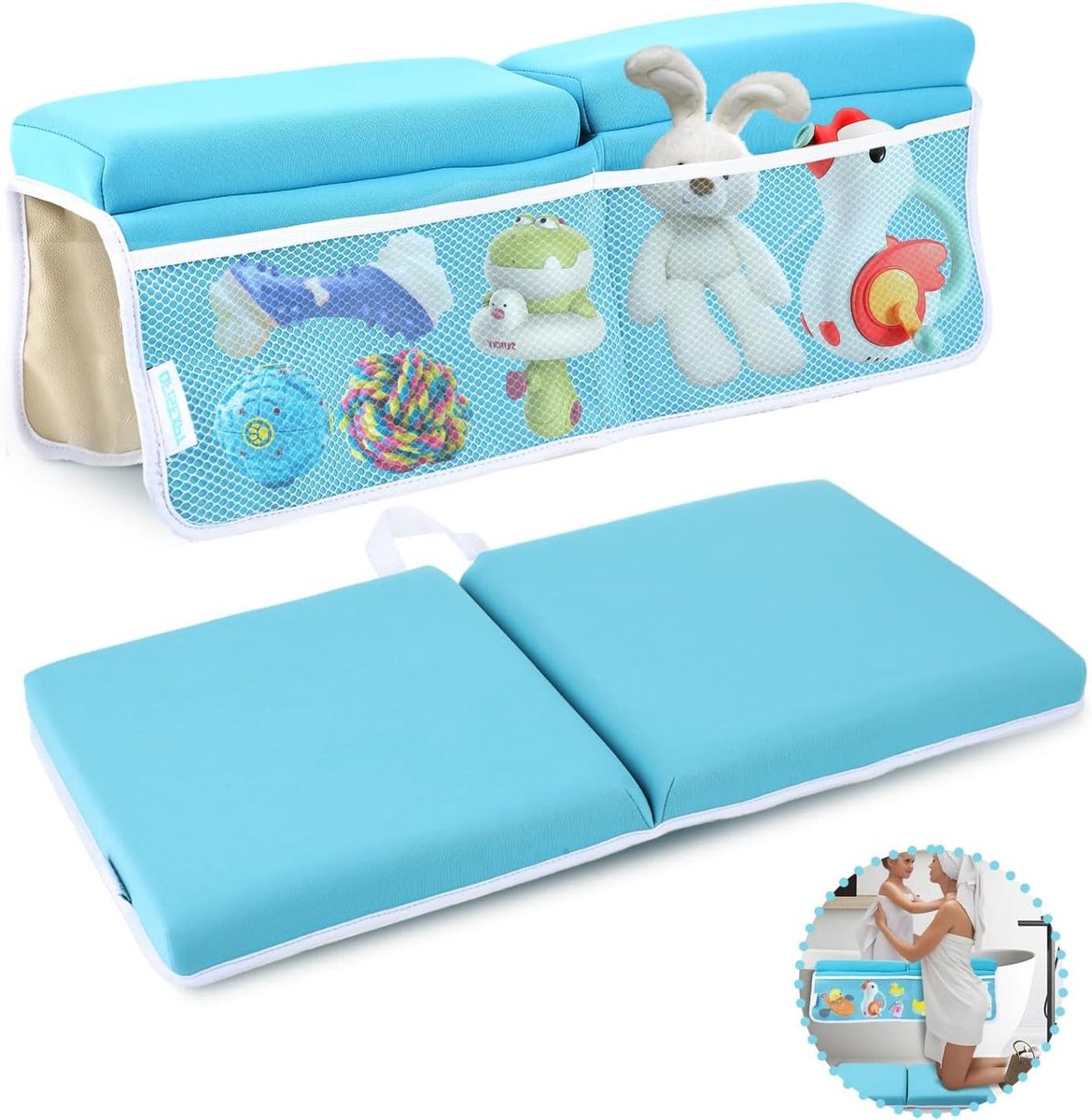 Badknieler en Elleboogsteun - Badmat Babybad - Comfortabel Baden - Met Speelgoed Organizer - 18 x 12 inch - Blauw