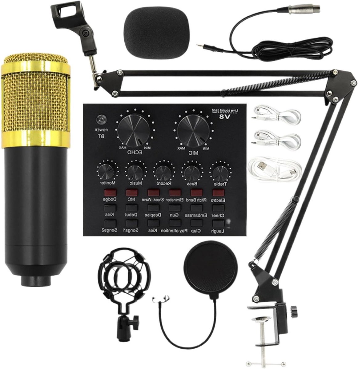 Opnamemicrofoonset - Streaming microfoon - Live streamen - Complete geluidskaart kit - Verstelbare standaard - Goud