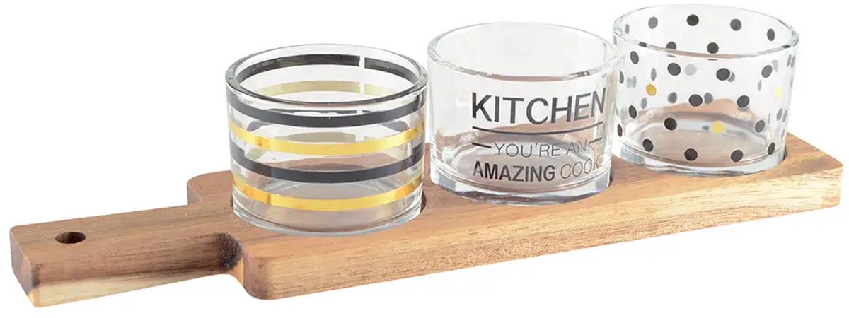 AULICA - Schaal Set – 3 Glazen op Houten plateau - 29,5 x 8 x 6,1 cm