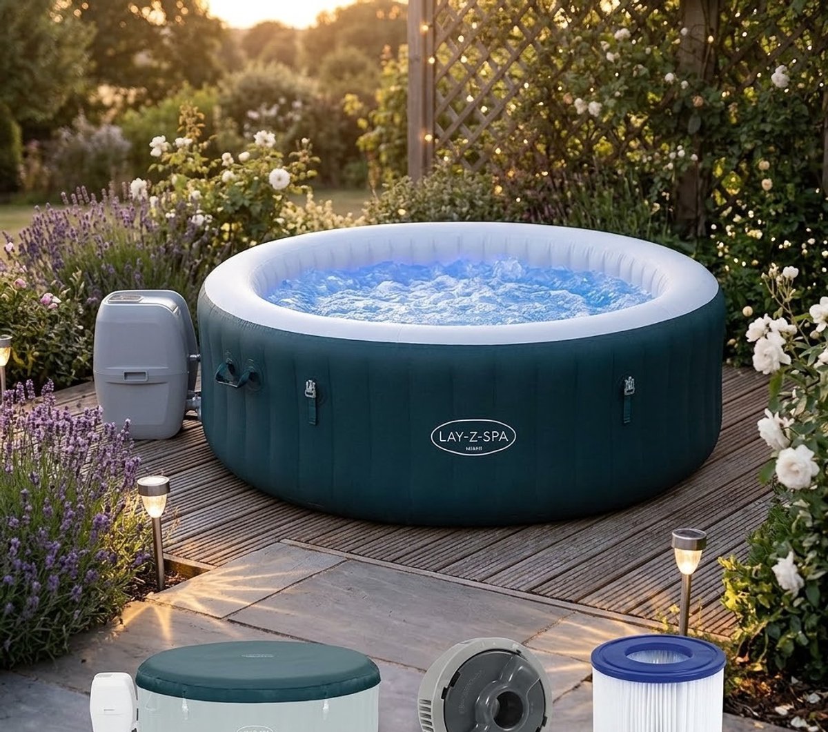 AquaRelax Pro Miami AirJet Opblaasbare Jacuzzi Ø196 x 66 cm – 6 Persoons Luxe Spa met 140 Jets, Verwarming tot 40°C, Energy Saving Isolatie & Complete Set