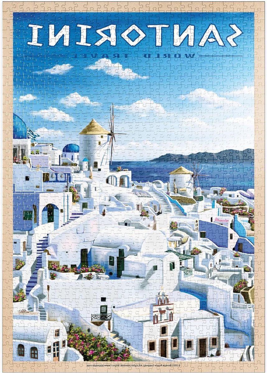 Legpuzzel Griekenland - Santorini Puzzel - Ontspannen Vrije Tijd - Vintage Reisposter - 1000 Stukjes - Blauw Wit