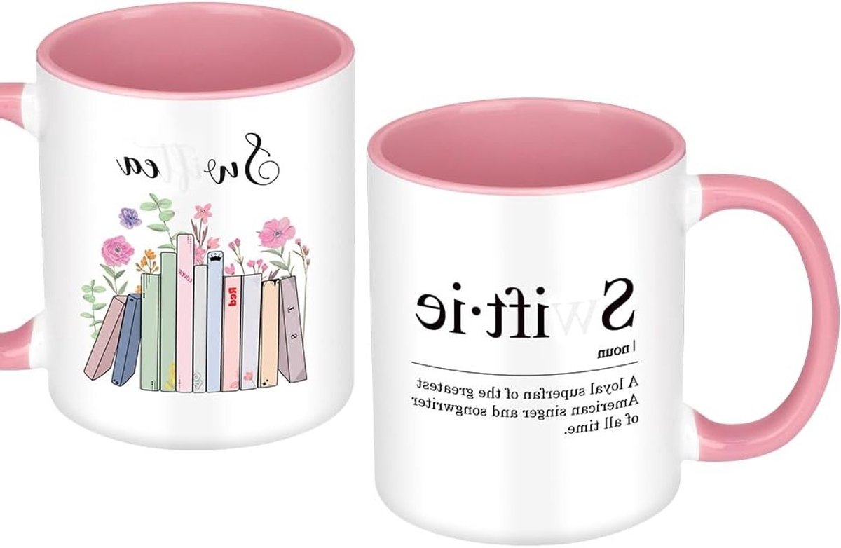 Mooie koffiemok voor muziekliefhebbers, ideaal als verjaardagscadeau of afstudeercadeau, 30ml, roze en wit, perfect voor fans van albums en artiesten