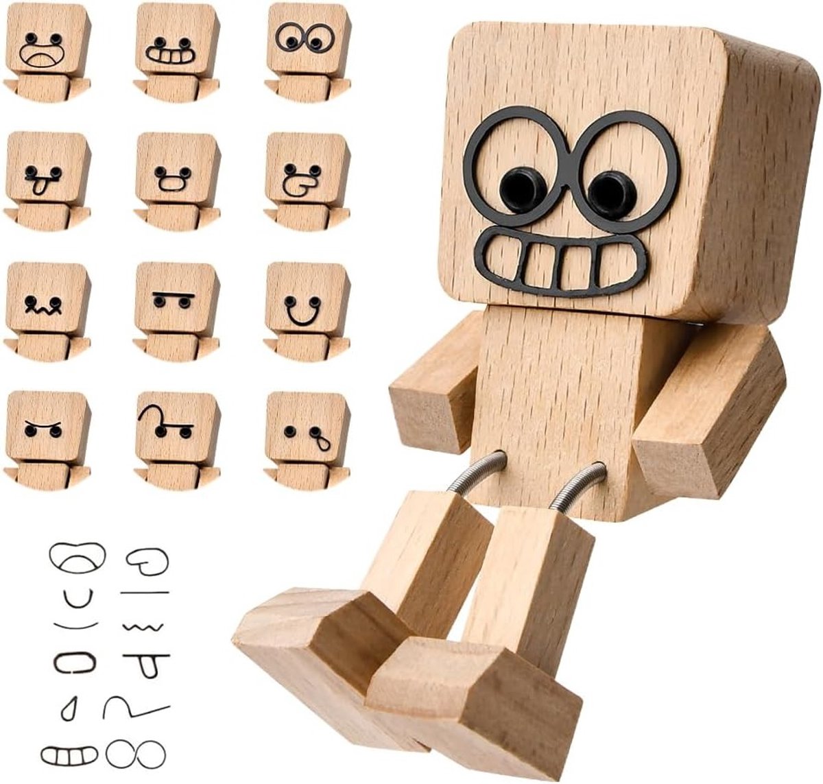 Houten Dashboard Ornament voor Auto, Wankelende Figuren met 12 Gezichtsuitdrukkingen voor Interieurdecoratie