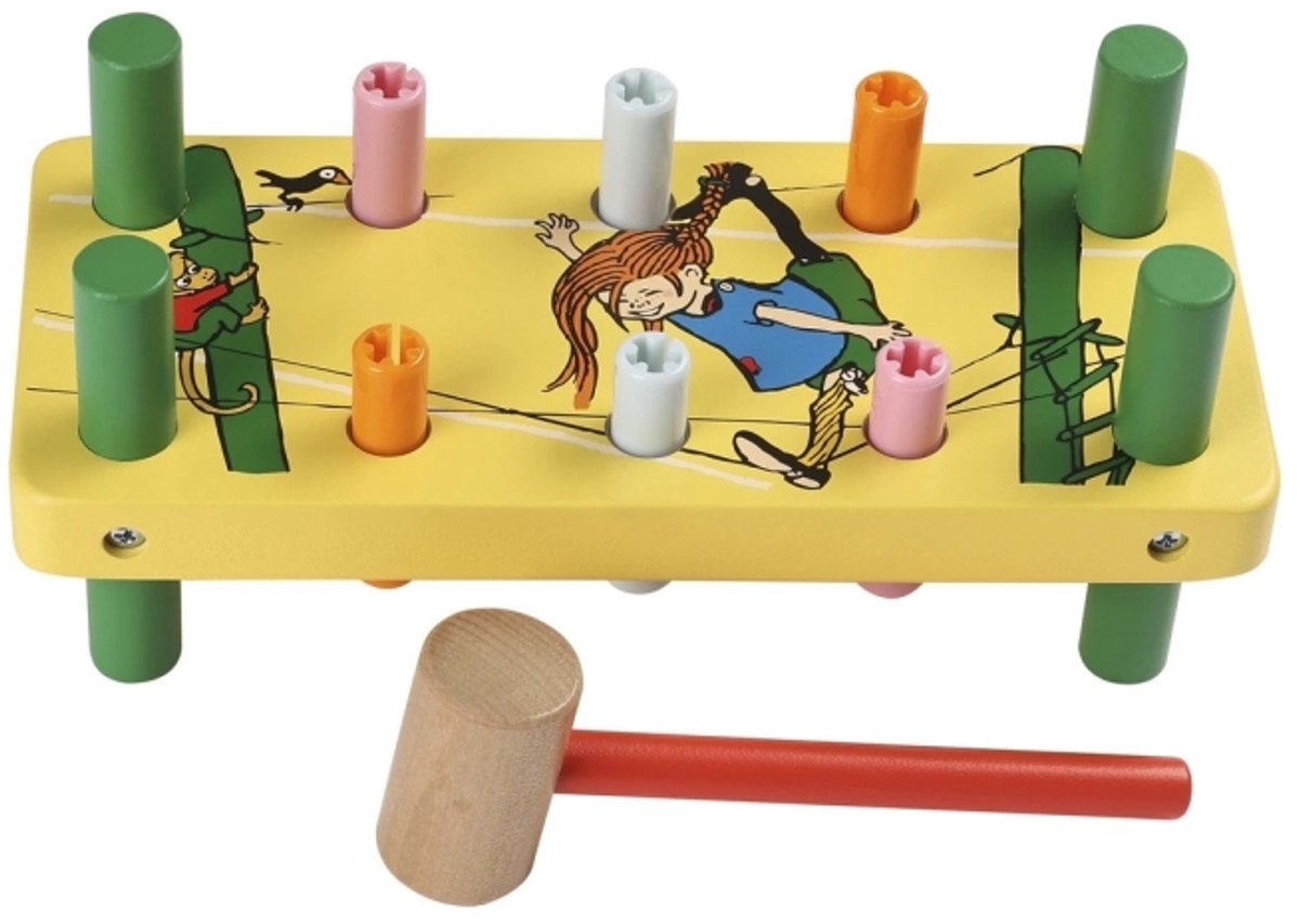 Kinderboeken Pippi Langkous hamerbank houten speelgoed bankje.