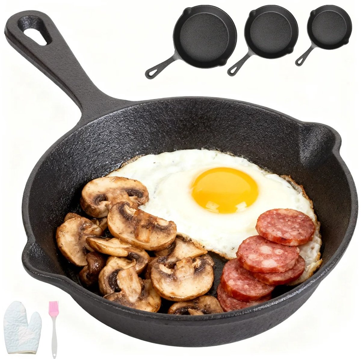 Innovastore Koekenpan set - Koekenpan - Pannen - Keuken - Keukengerei - Gietijzer - Ongecoate - Zwart - 3 stuks - Inductiekookplaten en open vuur