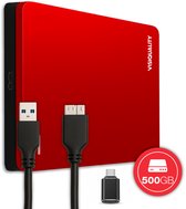 Rode externe harde schijf van 500 GB met USB 3.0 en USB-C kabels.