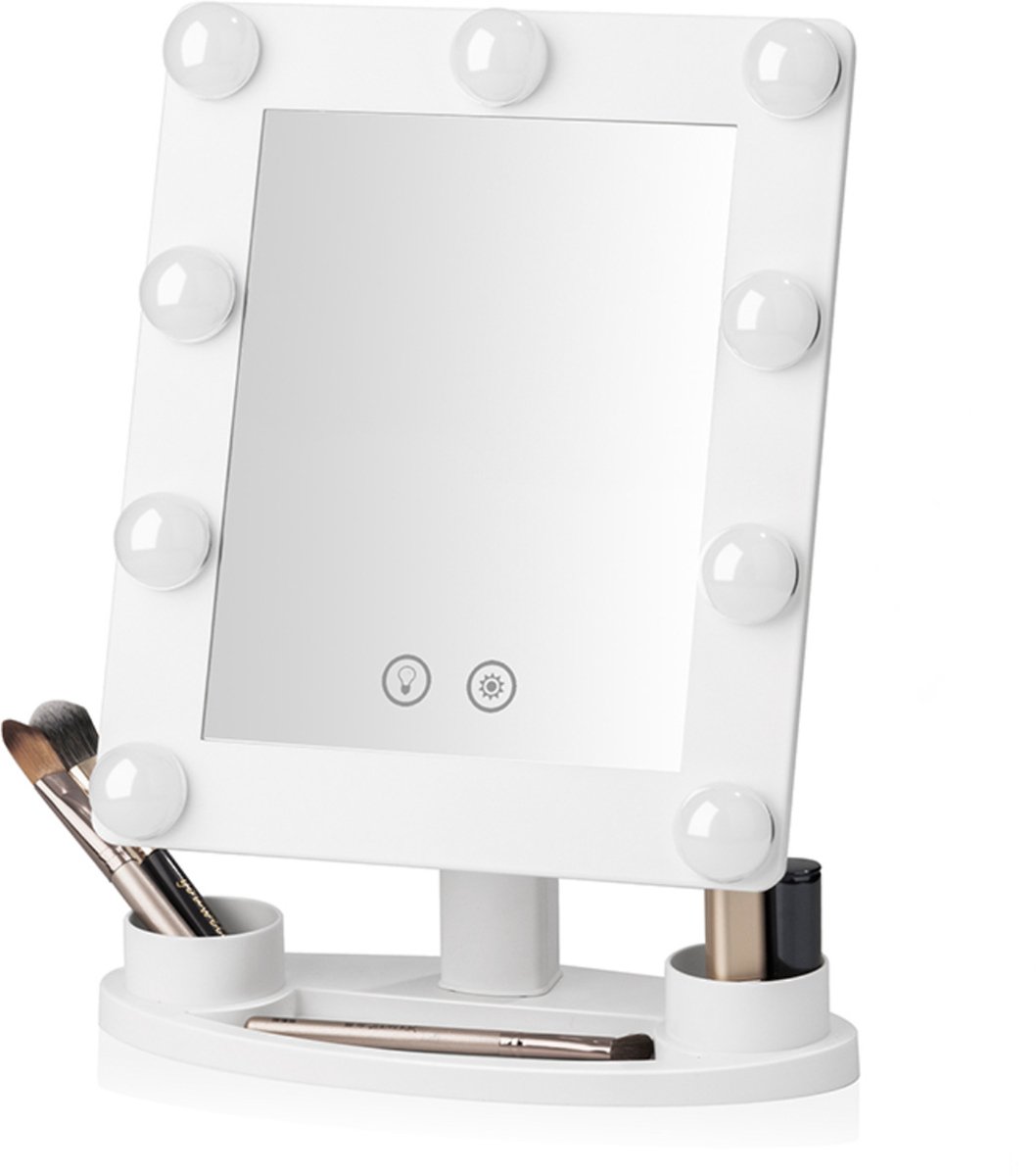 Hearyoo Make Up Spiegel met LED Verlichting - 180° Draaibaar - Touch Dimbaar met Opbergbasis - Wit