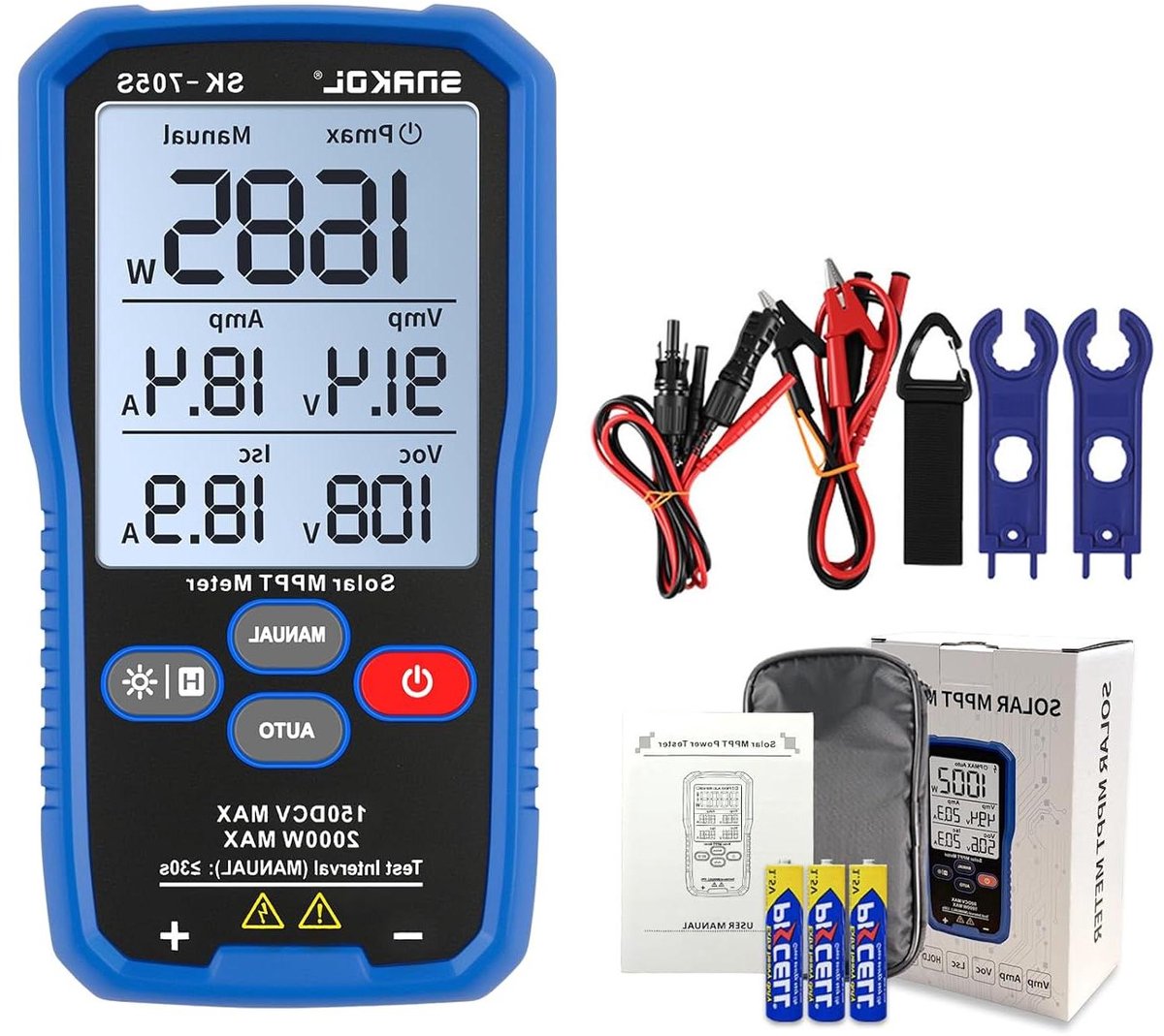 Zonne-energie Vermogenstester - PV Tester MPPT - Zonnepanelen Controleren - Automatische en Handmatige Meting - 2000 W 150 V - Blauw