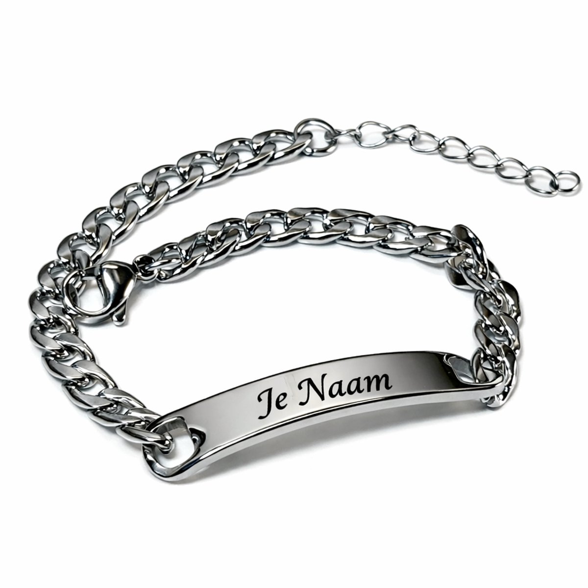 Armband met graveer, Armband met naam, Gepersonaliseerde schakelarmband met naamgravure - zilverkleurig en krachtig design, Armband met naamplaatje ,graveerarmband