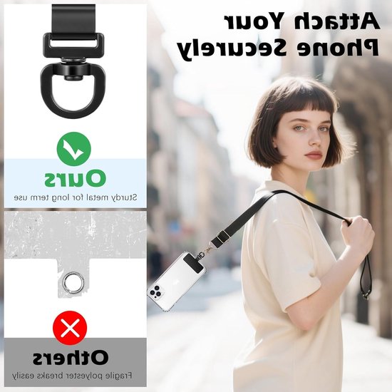2 Pack Metalen Telefoon Tether Tabs, Rotatable 360° Telefoon Lanyard Patch, Universele Smartphone Strap voor iPhone en Android, Zwart — afbeelding 2