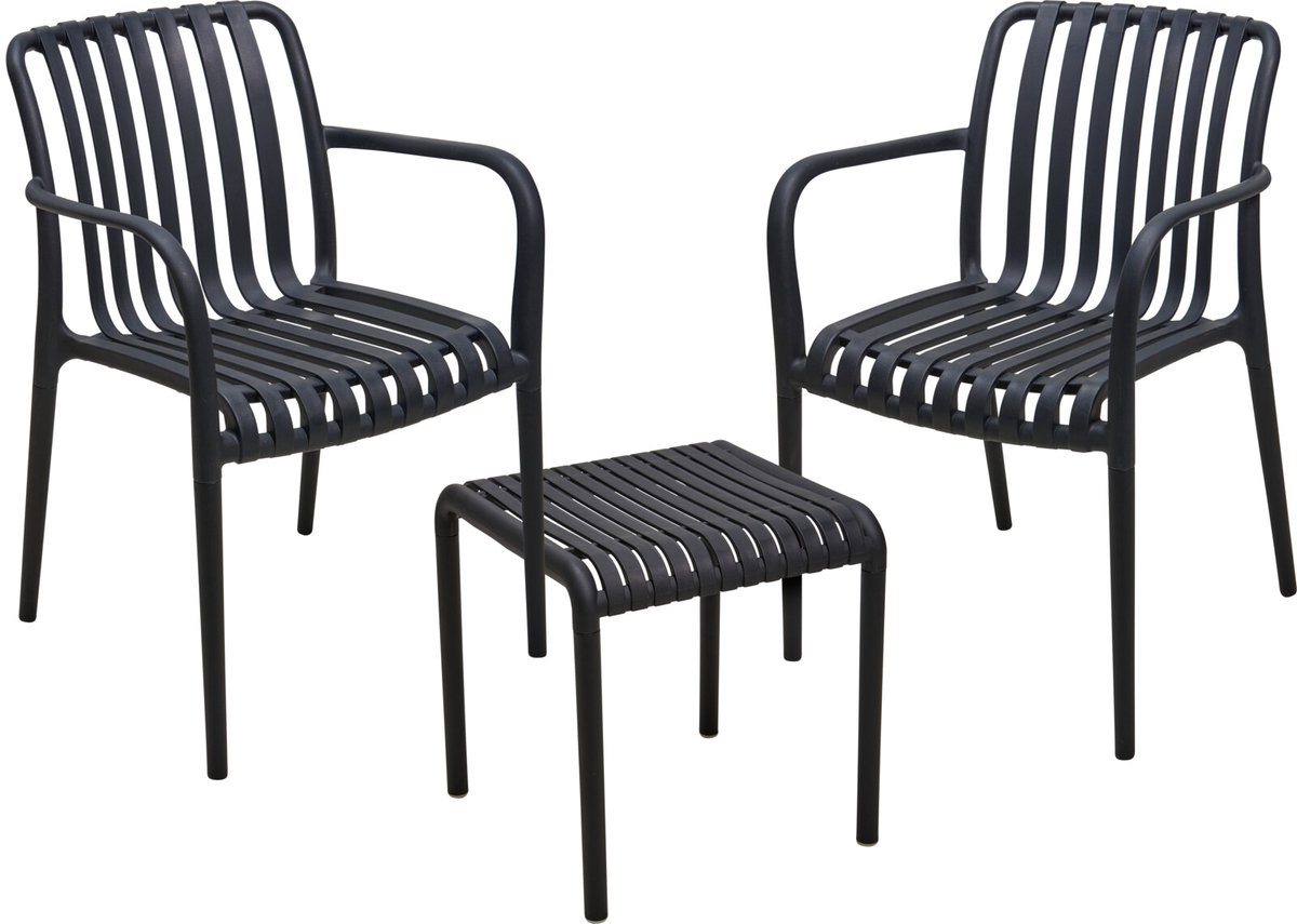 In & Out Deco - Tuinstoelen - Terrasstoelen - Tuintafeltje - Set - Kunststof - Zwart - Stapelbaar