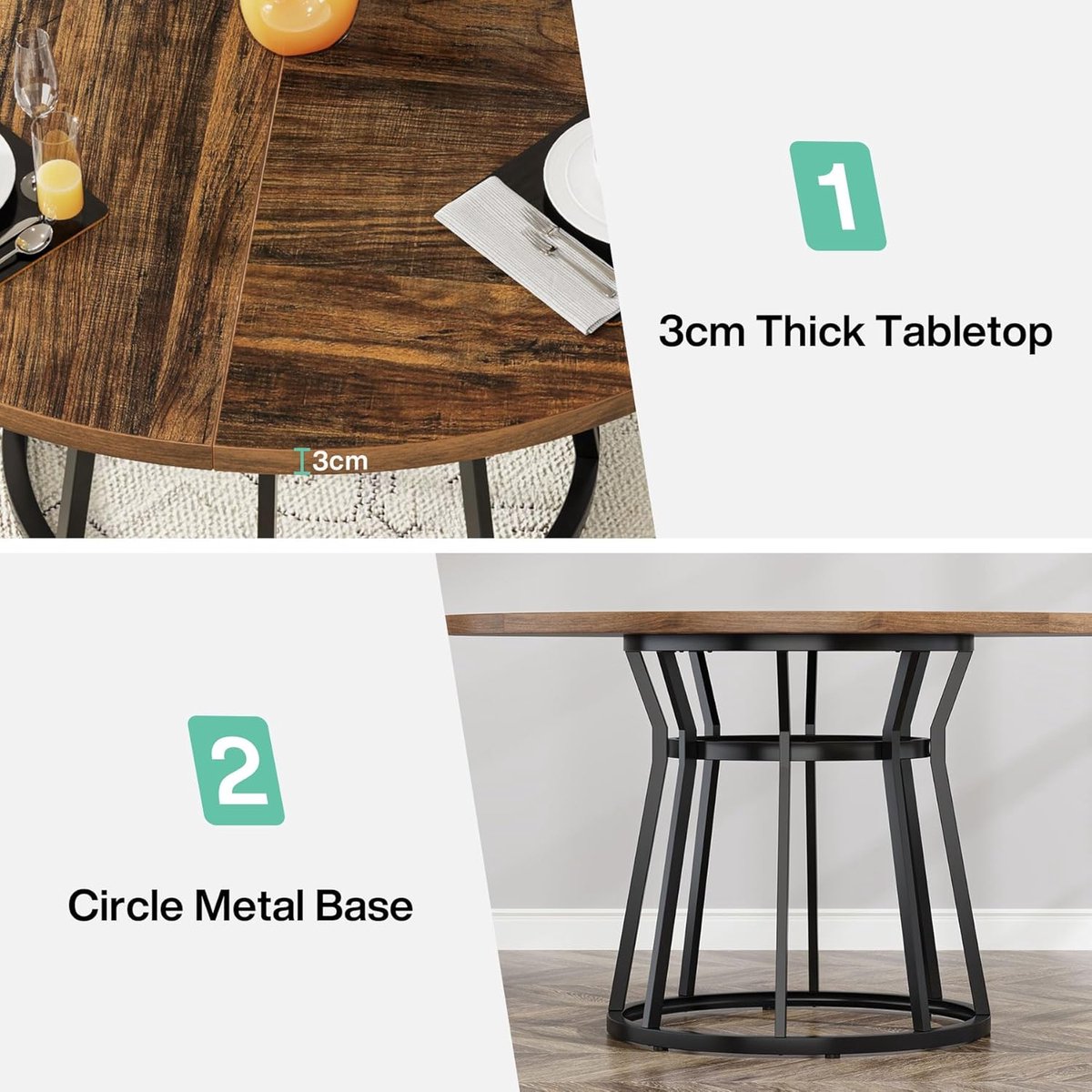 Elegante Ronde Eettafel voor 4 Personen – Industrieel Design – Ø 120 cm – Walnoot Bruin met Zwart Metalen Onderstel