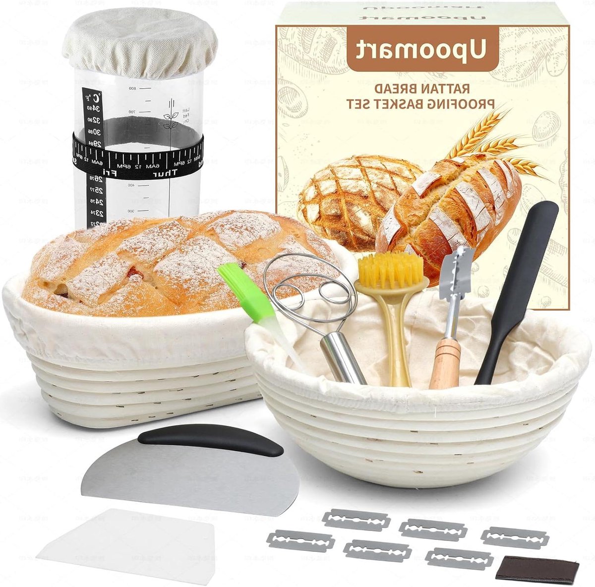 Zuurdesem Bakbenodigdheden - Broodbakset Starterkit - Zelf Brood Bakken - Natuurlijk Rotanriet - 2 Manden 34oz Pot - Natuurlijk