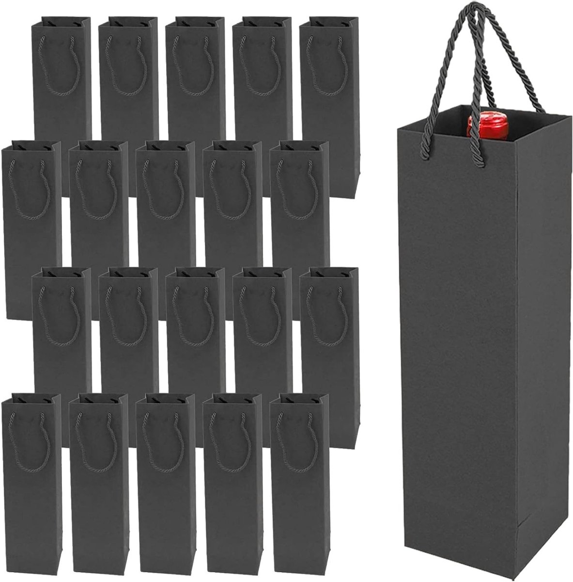 Premium Kraft Papieren Wijn Cadeauzakken met Handvatten - 20 Stuks voor Feestdagen, Bruiloften en Partijen (Zwart)