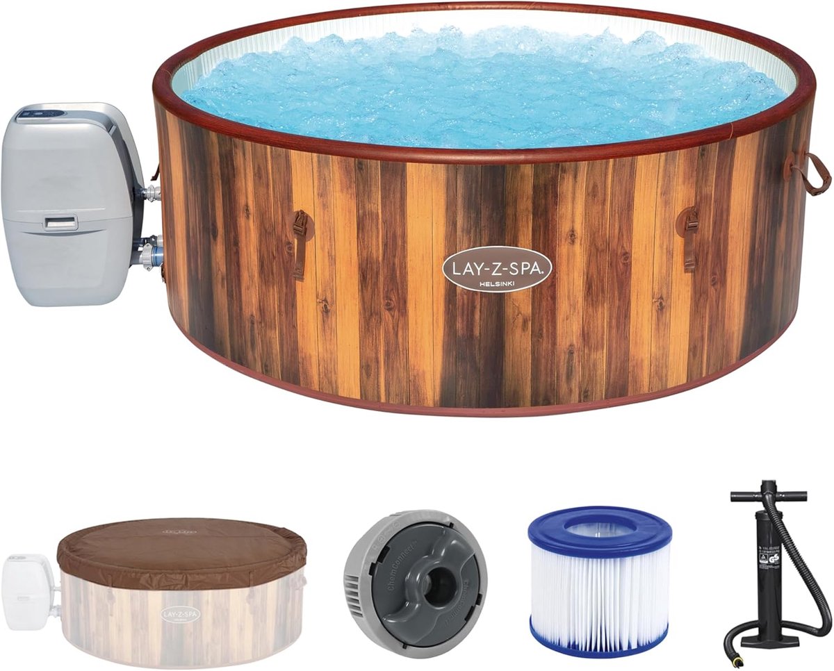 Opblaasbare Whirlpool 7 Personen Ø180 cm – ABTkantoor Nordic Luxe Spa Helsinki met 180 AirJets, Verwarming tot 40°C, Winterbestendig, DropStitch PVC Jacuzzi, Houtlook Bruin