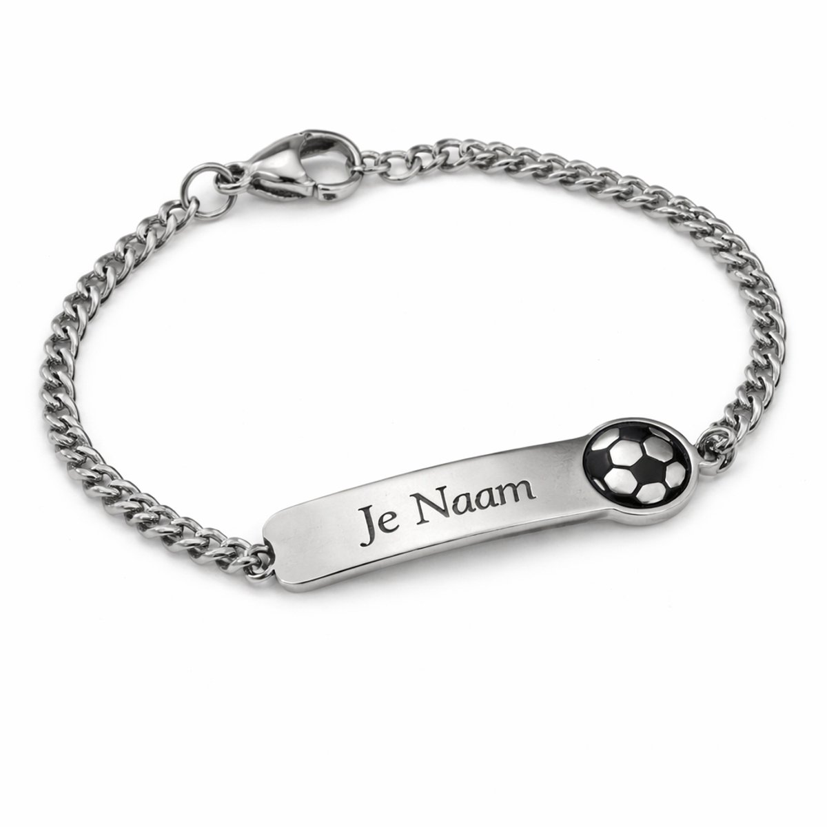Armband met graveer, Armband met naam, Gepersonaliseerde kinderarmband met naamgravure en voetbal detail - zilverkleurig, Armband met naamplaatje ,graveerarmband