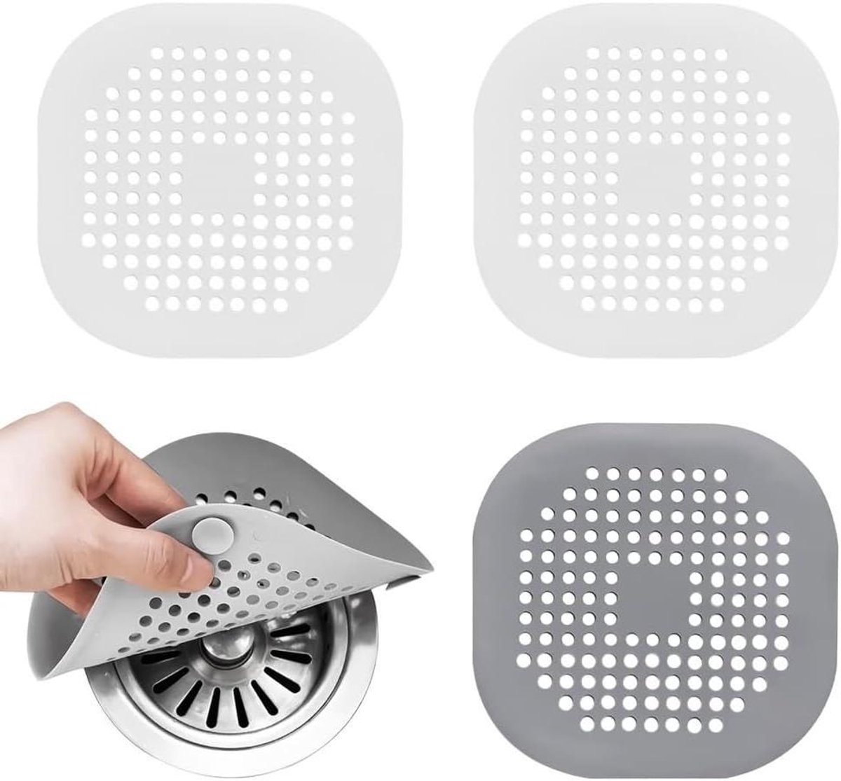 Douchegoot Afvoerzeef - Doucheplug Haarvanger - Verstopping Voorkomen - Flexibel Siliconen Materiaal - 4 Stuks - Grijs Wit
