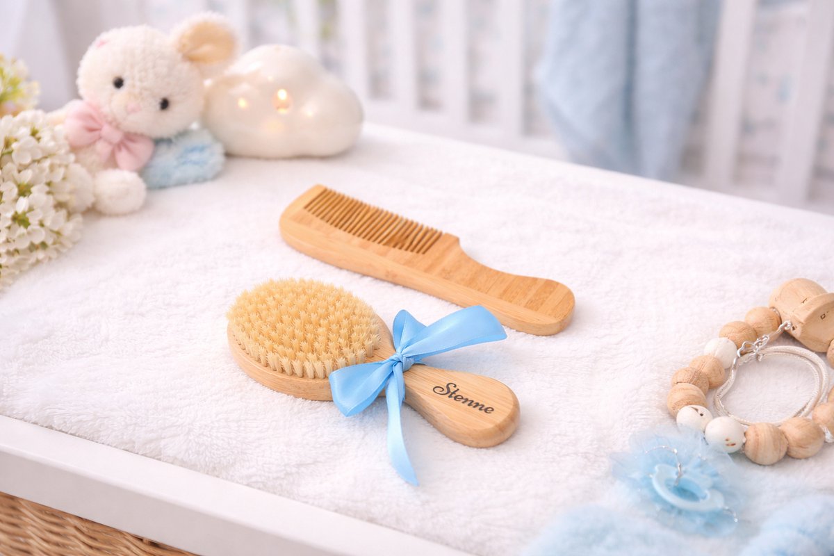 Gepersonaliseerd houten kam en borstel setje 2 stuks - Hawsaz.nl cadeau - Genderneutraal - Borstelset - kraamcadeau - Babycadeau - Cadeau voor tweeling - Kraamcadeau met naam - Verzorgingsset - Geboortecadeau met naam voor jongens en meisjes – foto 5