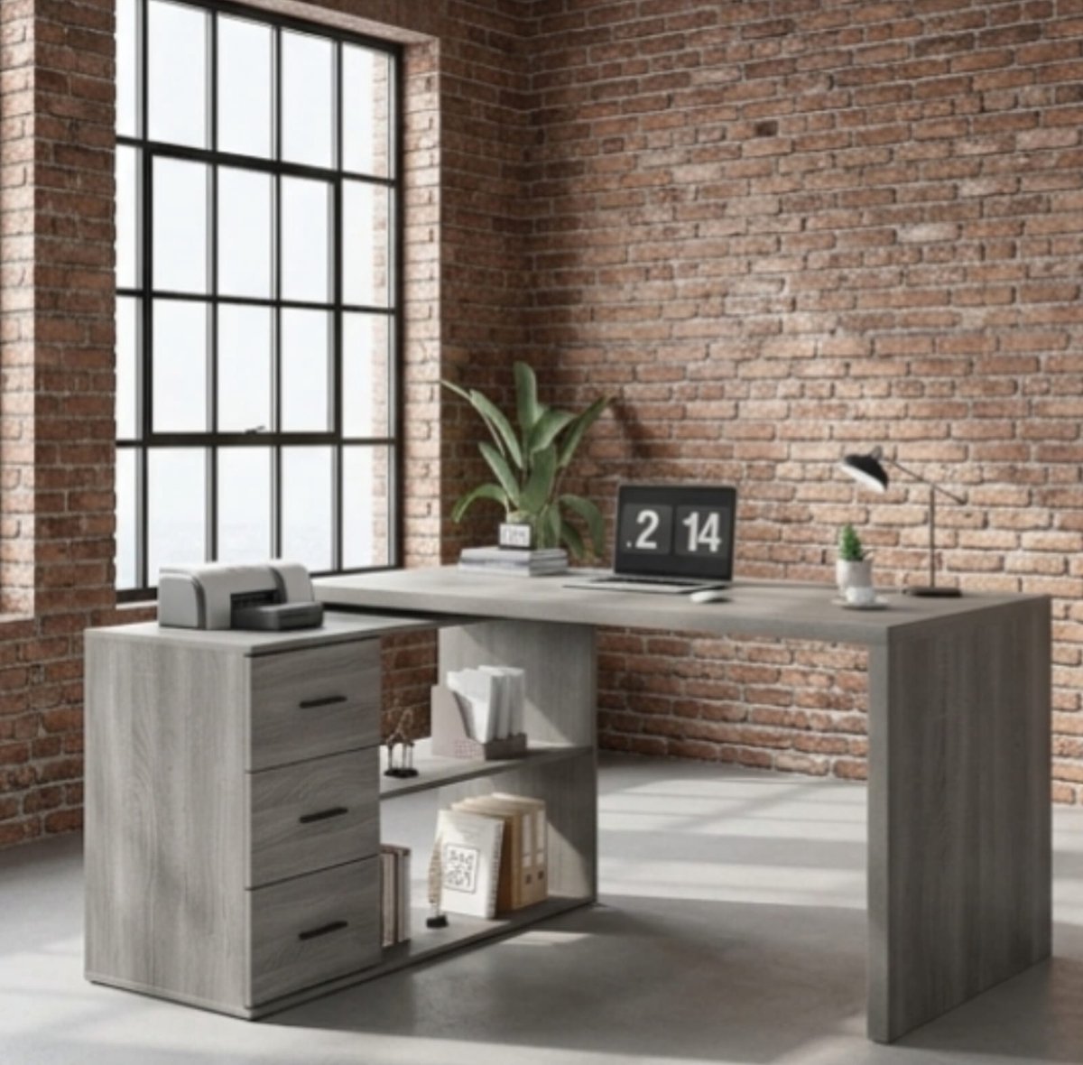 Hoekbureau L-vorm 140x50x76 cm Grijs Eiken met 3 Laden – Modern Bureau met Opbergruimte, Computerbureau & Werktafel voor Thuiswerkplek en Kantoor – Urbanhome