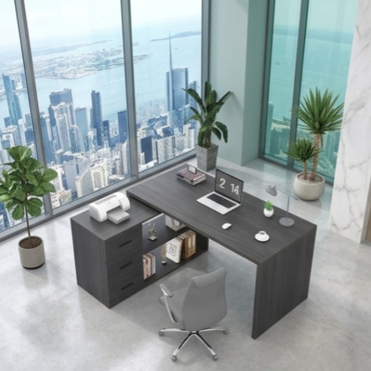 Hoekbureau L-vorm 140x50x76 cm Donkergrijs Eiken – Omkeerbaar Bureau met 3 Laden en 2 Planken, Modern Computerbureau met Opbergruimte voor Thuiswerkplek – Urbanhome