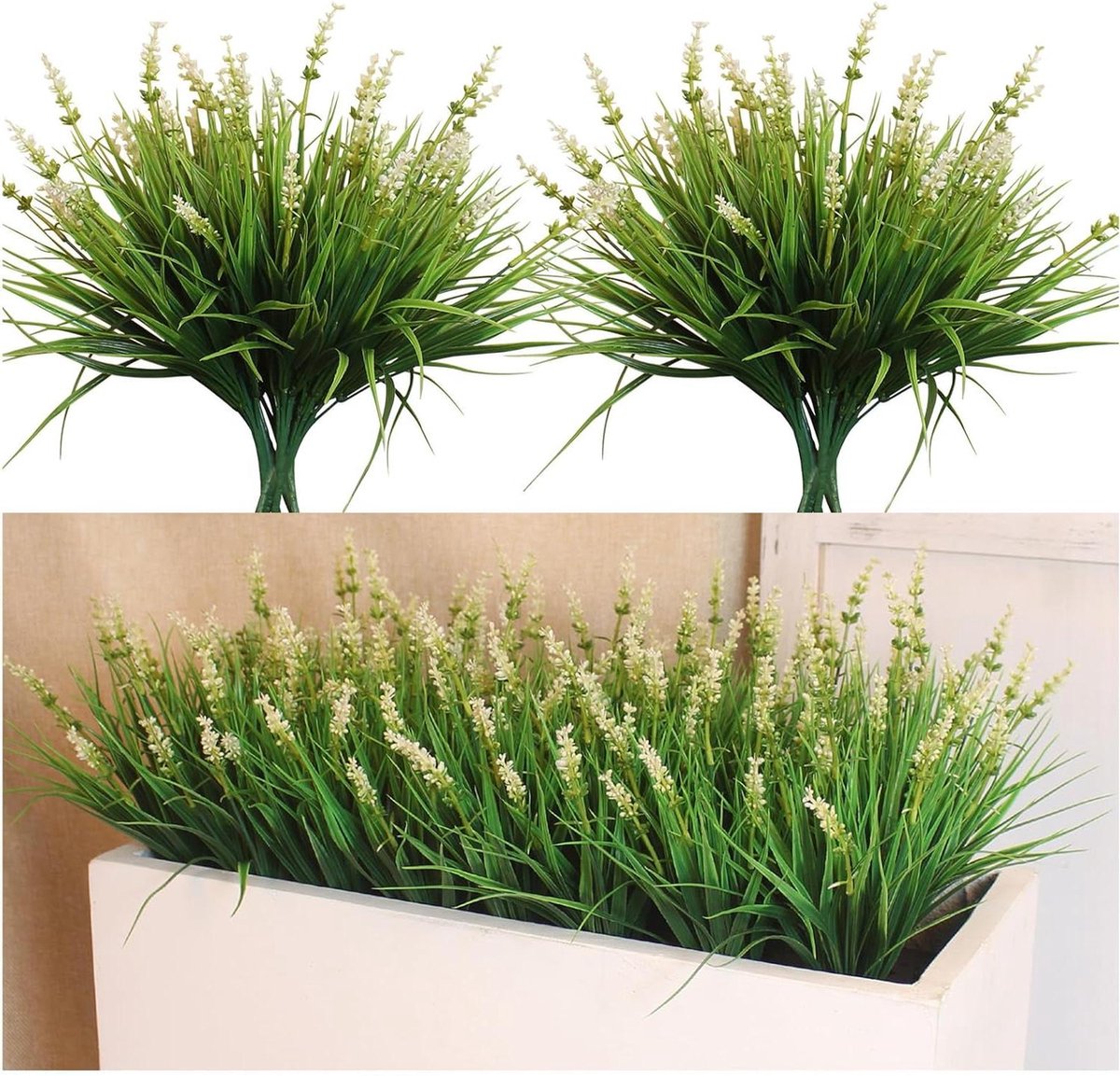 Kunstgras met bloemen - Nep gras planten - Buiten decoreren - Zacht en realistisch - 12 bundels - Wit