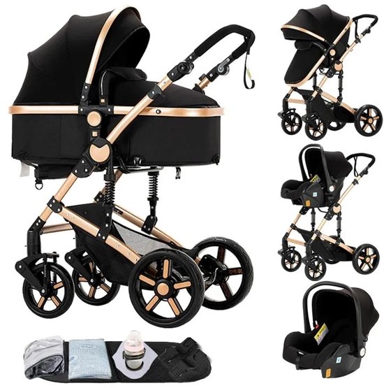 Deliqa 3 in 1 kinderwagen - Rose goud - buggy - wandelwagen - eenvoudig inklapbare kinderwagen - compact opvouwbaar - inclusief reiswieg / autostoel , buggy , ligbak , voetenzak, regenhoes , klamboe - vering - verstelbare handvat
