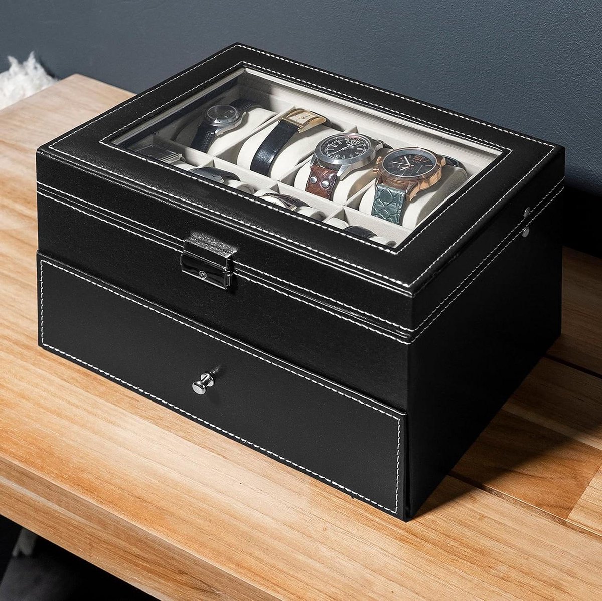 Watch Box - Watch Case - Horloges Opbergen - Voor 10 Horloges - 20 x 25 x 8 cm - Zwart
