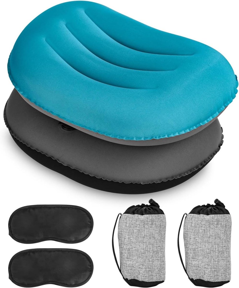 Opblaasbaar Campingkussen - Reiskussen Strandkussen - Buiten Ontspannen - Ergonomisch Gebogen Ontwerp - Compact Opvouwbaar - Zwart blauw