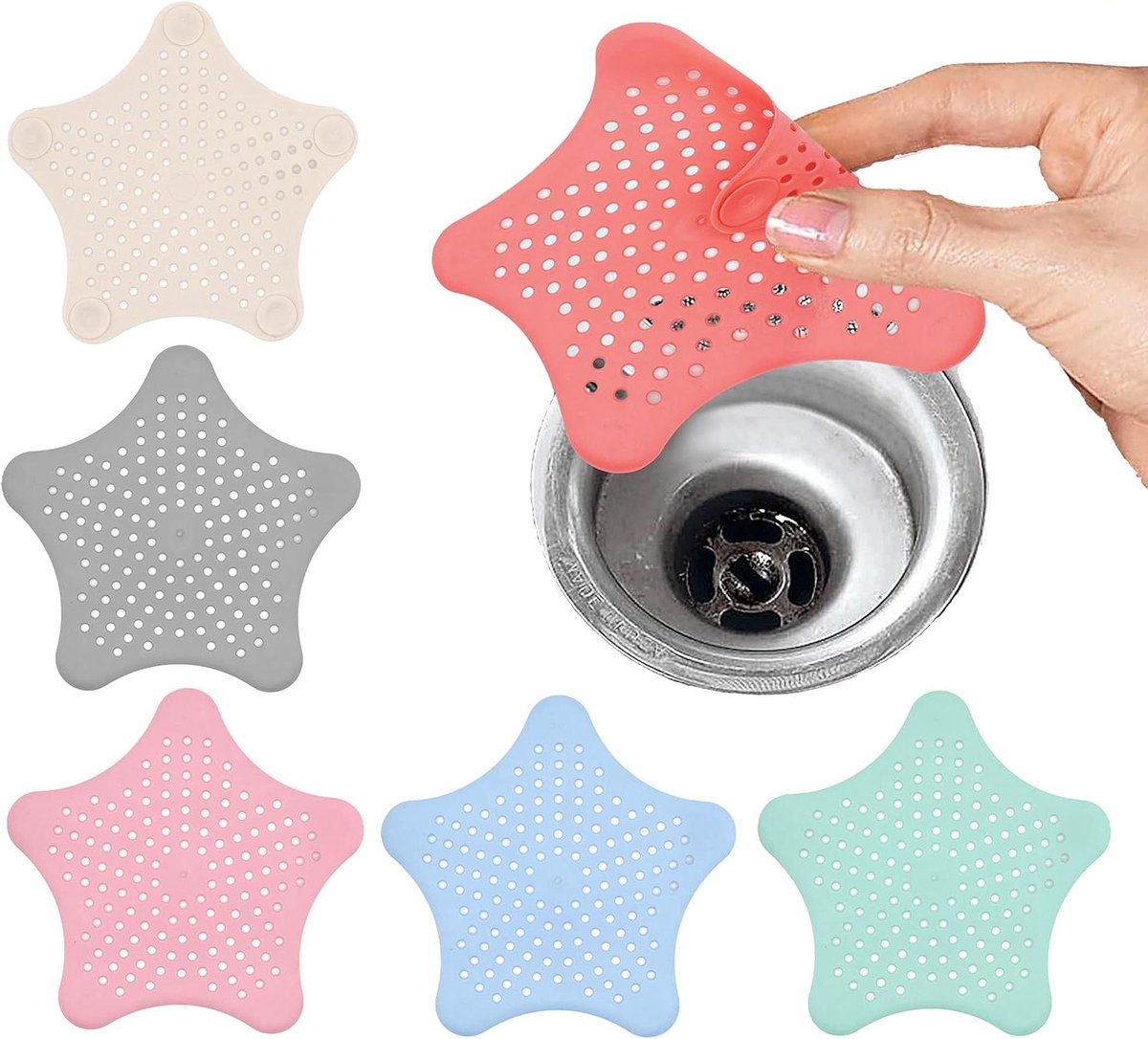 Silicone Ster Afvoerpluggen - Douchegootsteen Zeef - Verstoppingen Voorkomen - 5 Zuignappen - 14 cm x 14 cm - Meerdere Kleuren