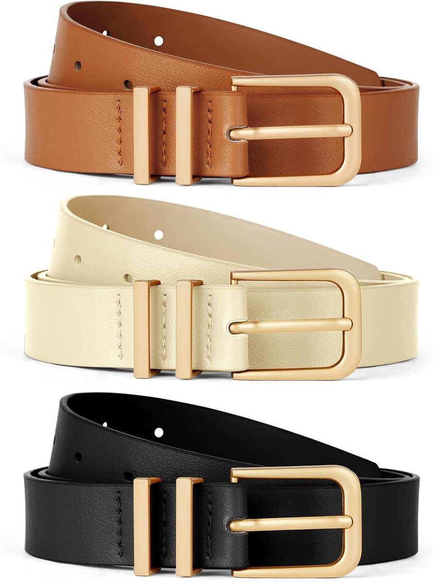 Dames Leren Riem met Gouden Gesp, Verstelbare Mode Riem voor Jurken en Jeans in Zwart, Bruin en Beige