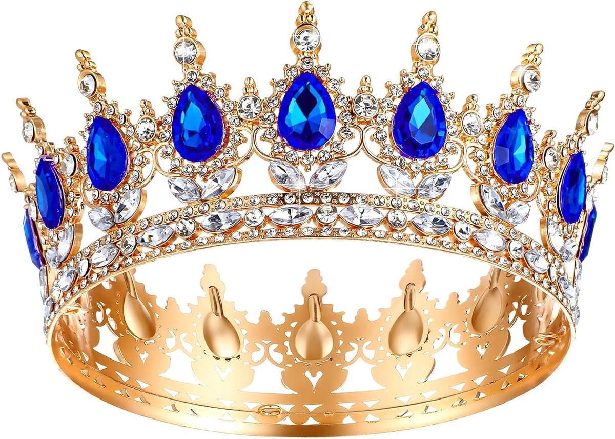 Koningin Tiara met Strass voor Vrouwen - Verjaardagscrowns en Bruidsaccessoires voor Feestjes en Foto's (Goud Blauw)