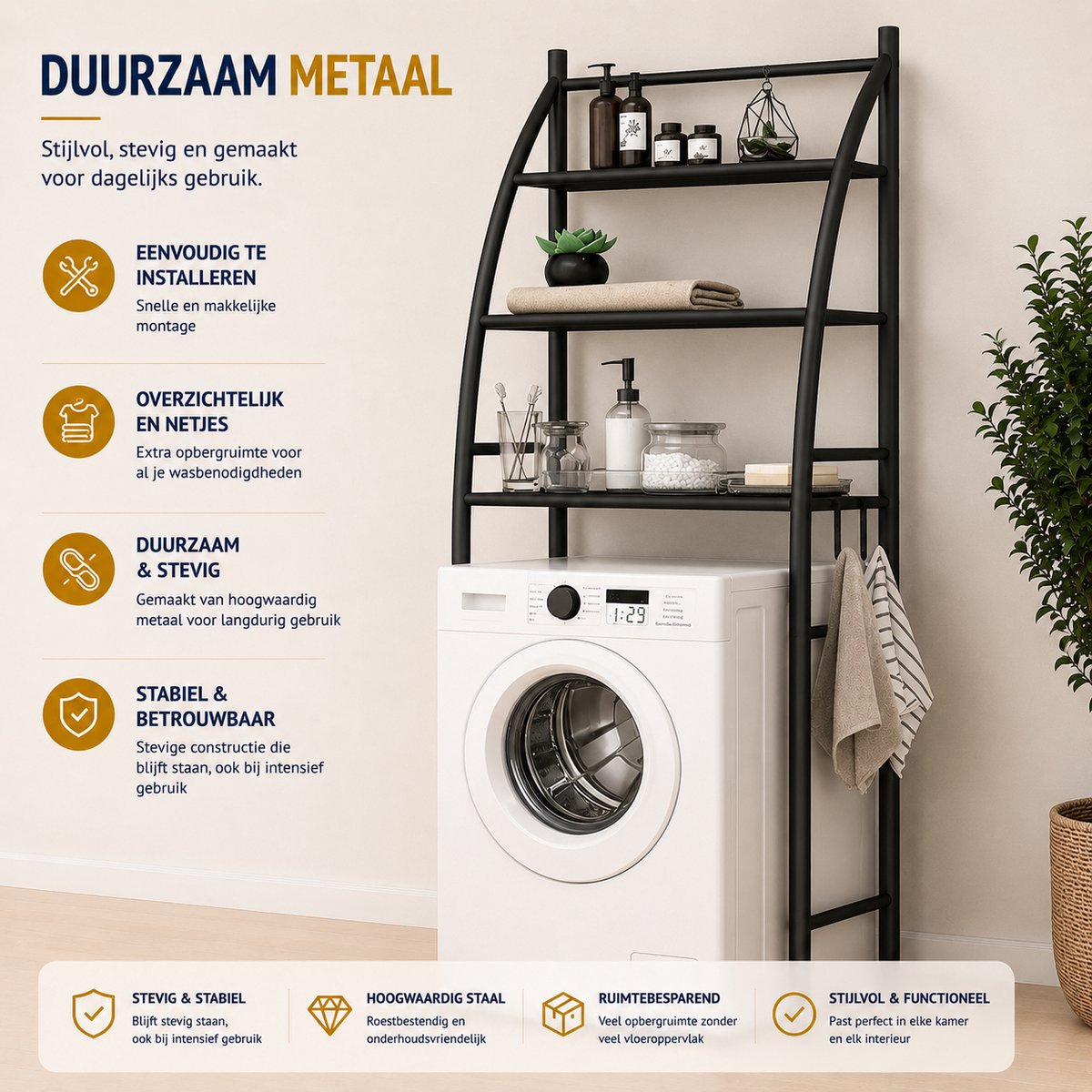 MeubelsvanJoep wasmachine ombouw rek zwart 166 x 65 x 25 cm - Wasmachine rek met opbergruimte zwart - Wasmachine rek bovenlader zwart - Wasmachine rek voorlader zwart - Toilet kast - Wc meubel - Wc kast — afbeelding 7