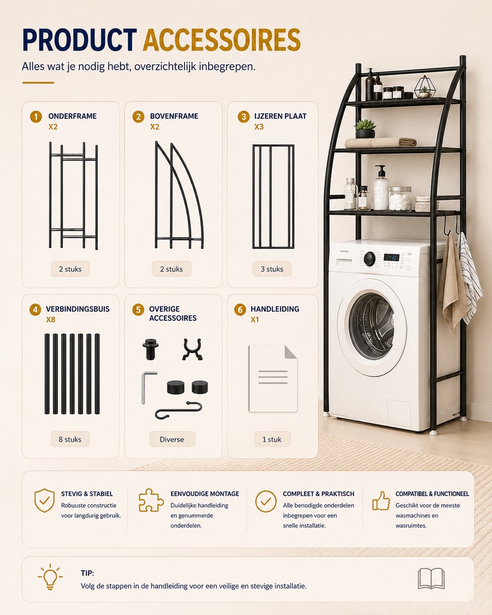 MeubelsvanJoep wasmachine ombouw rek zwart 166 x 65 x 25 cm - Wasmachine rek met opbergruimte zwart - Wasmachine rek bovenlader zwart - Wasmachine rek voorlader zwart - Toilet kast - Wc meubel - Wc kast — afbeelding 5