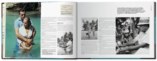 Pagina uit 'The James Bond Archives' met Sean Connery en Daniela Bianchi in zee, en foto's van trainingssessies.