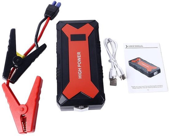 Draagbare powerbank en jump starter met 30000mAh capaciteit en vlamvertragend materiaal, ideaal voor het snel en veilig starten van autobatterijen onderweg