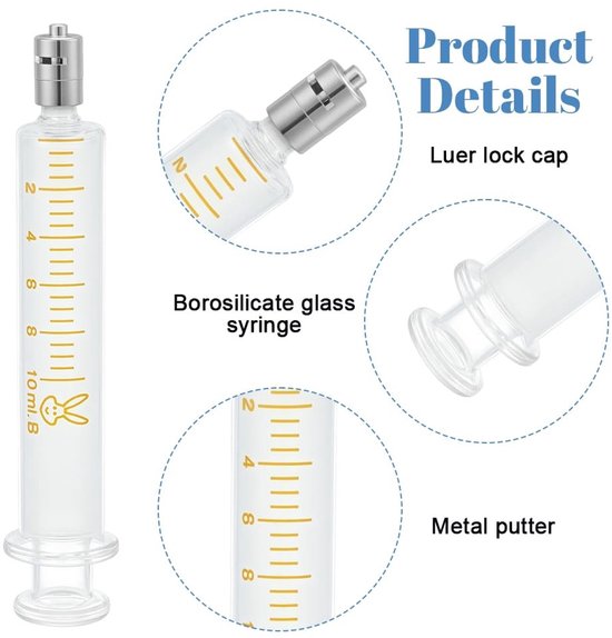 Zeynomax - Herbruikbare Glazen Spuit - Doseerspuiten 10ml - Metalen Luer Lock - Perfect voor Laboratorium - Vloeistof Toepassing - Set van 4 Stuks van Zeynomax — afbeelding 2