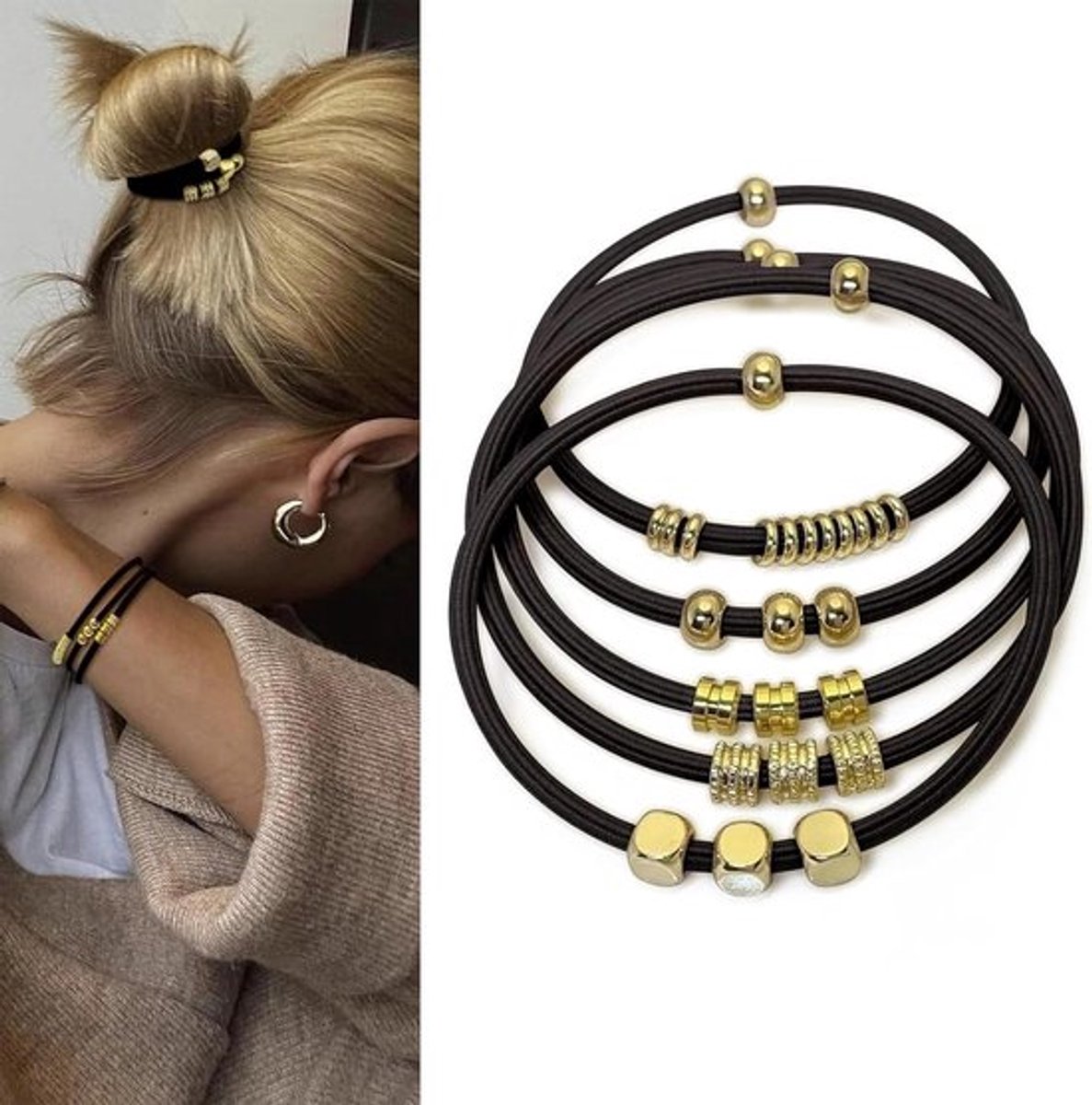 Boho Haarbanden Scrunchies Dames Haaraccessoires Zwart - Set van 5